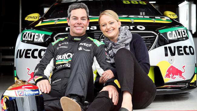 Supercars driver Craig Lowndes with wife Lara at Mt Panorama. Picture: Tim Hunter.