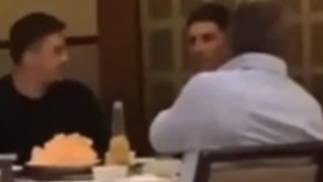 Mahoney was spotted at a restaurant with Phil Gould and Trent Barrett, who was coaching the Bulldogs at the time. Picture: Supplied