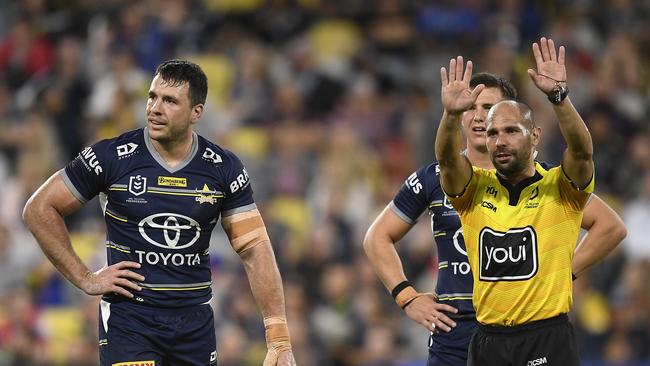 Lachlan Burr finds himself in trouble as he is sin-binned in the first half. Picture: Getty Images