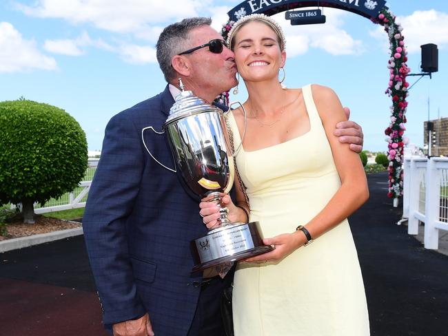 Two-year-old colt Beau Dazzler wins the Phelan Ready at Eagle Farm for trainers Tony and Maddy Sears. Picture: Trackside Photography.,