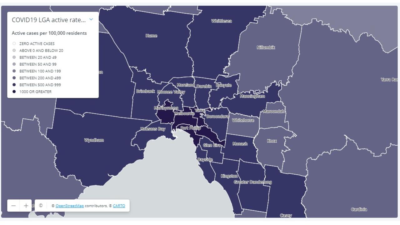 Melbourne active cases by LGA on January 3, 2022. Picture: Victorian Department of Health