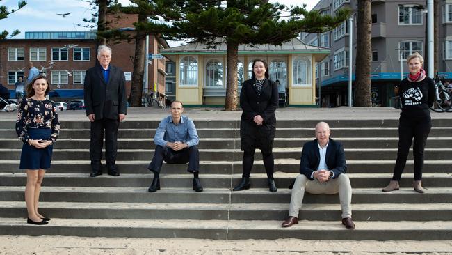 Six of the ten candidates looking to win in Warringah. From left Suellen Wrightson; Brian Clare; Emanuele Paletto; Kristyn Glanville; Dean Harris and Heather Barnes. Picture: Julian Andrews