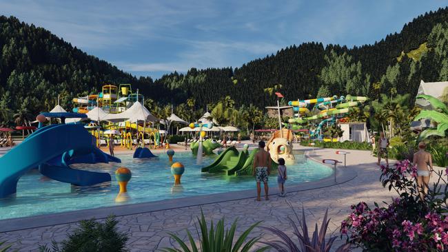 The new design for the $11m water park at The Palms includes about a dozen water slides, a lagoon, playgrounds and child splash areas. The tourist park is the centrepiece of the proposed $300 million-plus redevelopment of the former Paradise Palms golf course in Kewarra Beach. PICTURE: SUPPLIED