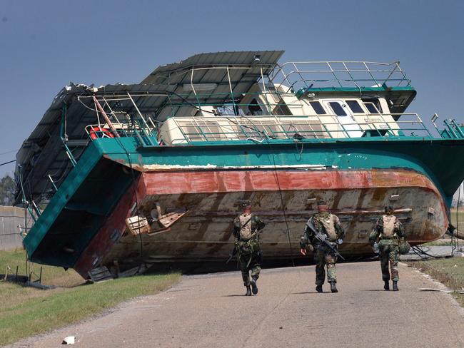 This boat was carried far inland by Hurricane Katrina’s storm surge in September 2005.