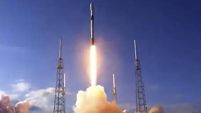 The SpaceX Falcon 9 carrying the fourth Starlink constellation launches at Cape Canaveral, Florida in 2020. Picture: NASA TV/AFP