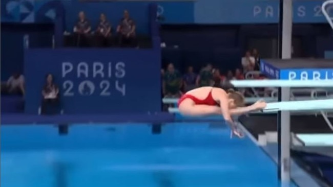 Alison Gibson’s feet struck the board during the women’s 3m springboard event at the Olympics on August 7. Picture: Channel 9