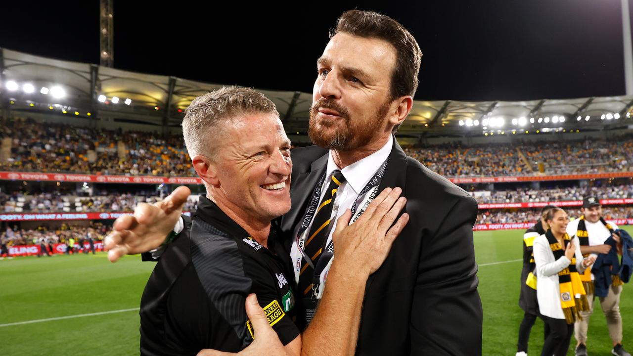 Brendon Gale celebrates with Damien Hardwick after winning the 2020 Grand Final. Picture: Getty Images