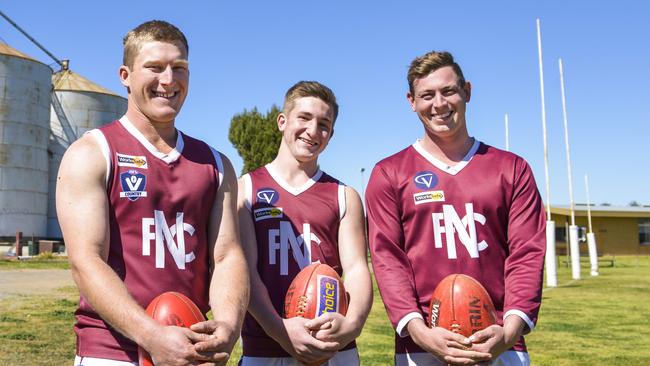 Nullawil Football Club Jordan Humphreys (middle) with Daniel Watts and Tom Fawcett. Photo: DANNIKA BONSER