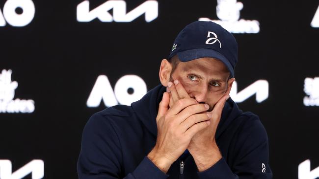 MELBOURNE, JANUARY 24, 2025: 2025 Australian Open Tennis, day thirteen. Novak Djokovic (SRB) gives a press conference after retiring injured against Alexander Zverev (GER) during their mens singles  semifinal match on Rod Laver Arena. Picture: Mark Stewart