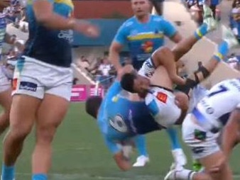 Roger Tuivasa Sheck was sin binned for this tackle on Jayden Campbell