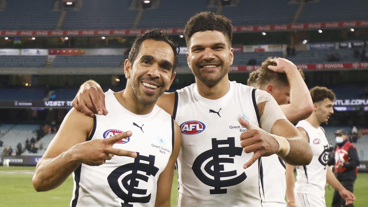 Carlton pair Eddie Betts (left) and Sam Petrevski-Seton both remain uncontracted beyond this year. Picture: Daniel Pockett/AFL Photos/via Getty Images