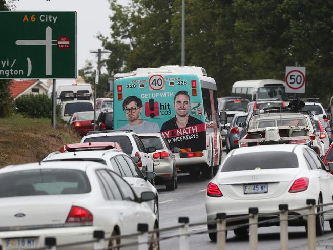 Heavy morning peak hour traffic on the Southern Outlet coming into Hobart. Picture: NIKKI DAVIS-JONES