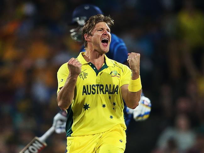 Australia's Shane Watson celebrates hs wicket of Sri Lanka's Angelo Mathews (c) caught behind during ICC Cricket World Cup match between Australia and Sri Lanka at the SCG. pic. Phil Hillyard