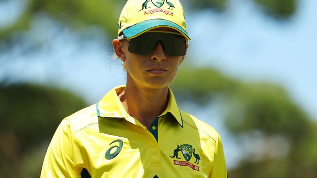 SYDNEY, AUSTRALIA - JANUARY 12: Ashleigh Gardner of Australia looks on during game one of the Women's Ashes ODI series between Australia and England at North Sydney Oval on January 12, 2025 in Sydney, Australia. (Photo by Jeremy Ng/Getty Images)