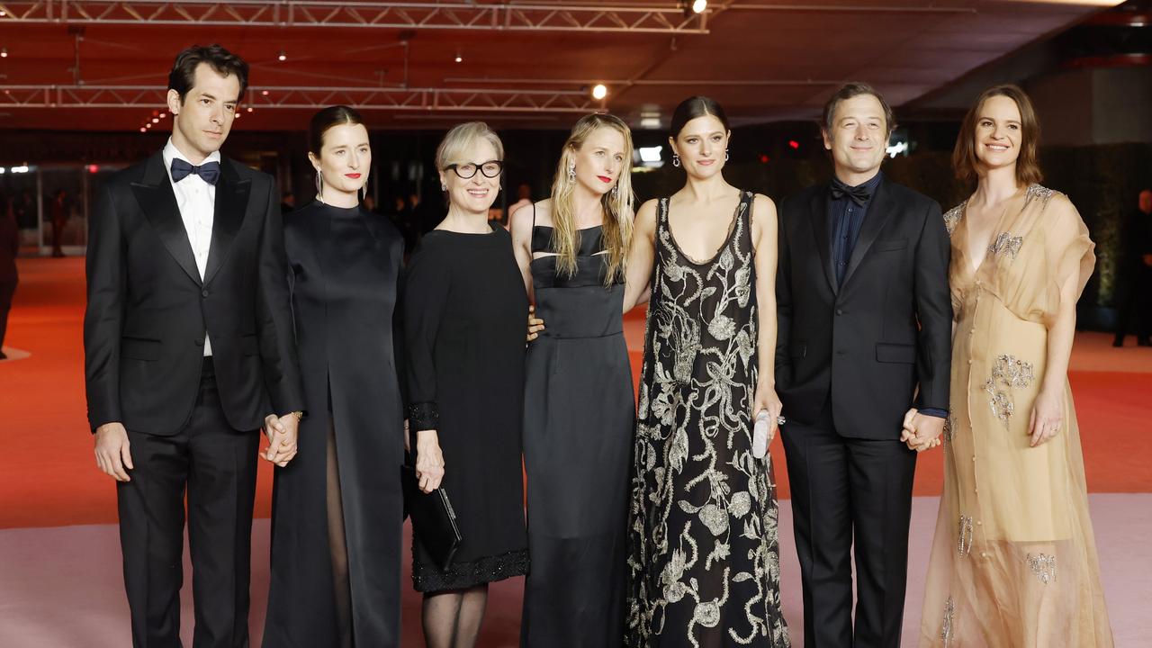 The Streep clan, L-R: Mark Ronson, Grace Gummer, Meryl Streep, Mamie Gummer, Louisa Jacobson, Henry Wolfe and Tamryn Storm Hawke. Picture: Emma McIntyre/Getty