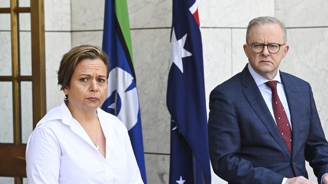 CANBERRA, AUSTRALIA  - NewsWire Photos - November 8, 2024: Prime Minister Anthony Albanese and Australia's Communications Minister, Michelle Rowland hold a press conference at Parliament House in Canberra. Picture: NewsWire / Martin Ollman