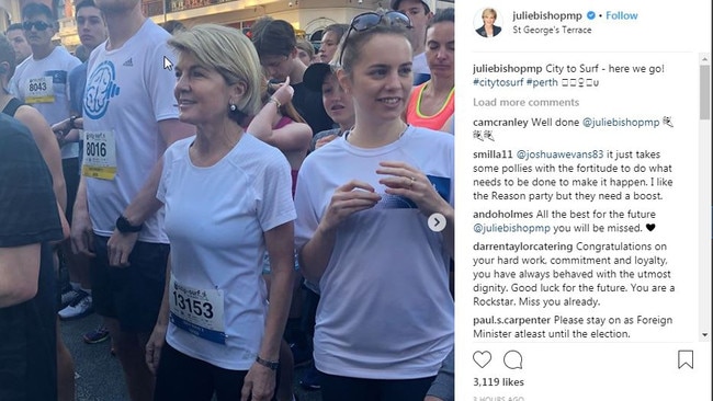 Ms Bishop competed in a fun run on Sunday — the day she resigned from Federal Cabinet. Picture: Instagram