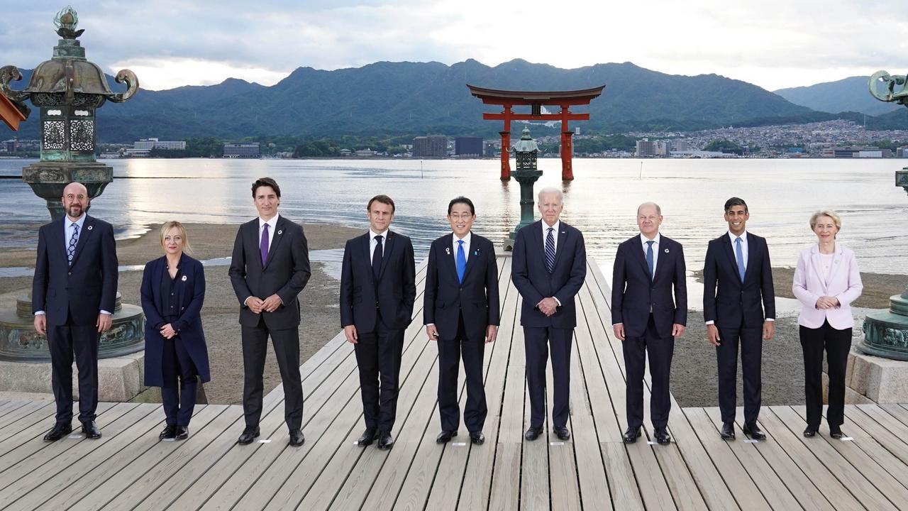 The G7 leaders posed for a ‘family photo’ at the Itsukushima Shrine during the G7 Summit on May 19, 2023. Photo by Stefan Rousseau – Pool/Getty Images)