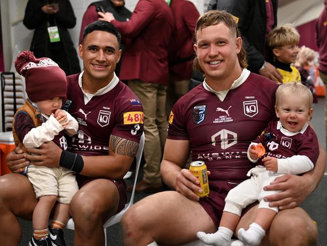 North Queensland Maroons representatives Valentine Holmes and Reuben Cotter with their children after State of Origin II, 2023. Picture: North Queensland Toyota Cowboys