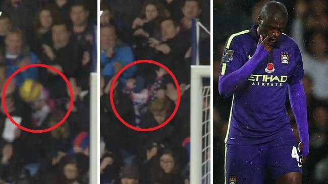 Going... gone! The young Hoops fan cops a Toure rocket to the face.