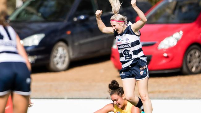 South’s Madison Bennett celebrates beating Woodville-West Torrens. Picture: Nick Hook