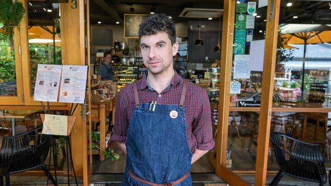 Chocolatier Marcus Booth-Remmers from Red Cacao cafe is one of hundreds of businesses and residents of Stirling in the Adelaide Hills who are recovering from a devastating storm last Saturday. Picture: Brenton Edwards