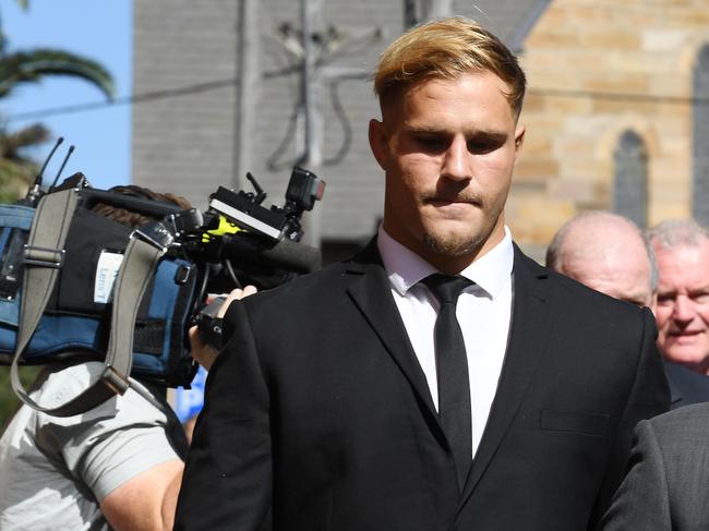 St. George Illawarra Dragons player Jack de Belin (left) leaves Wollongong Local Court. Picture: AAP Image