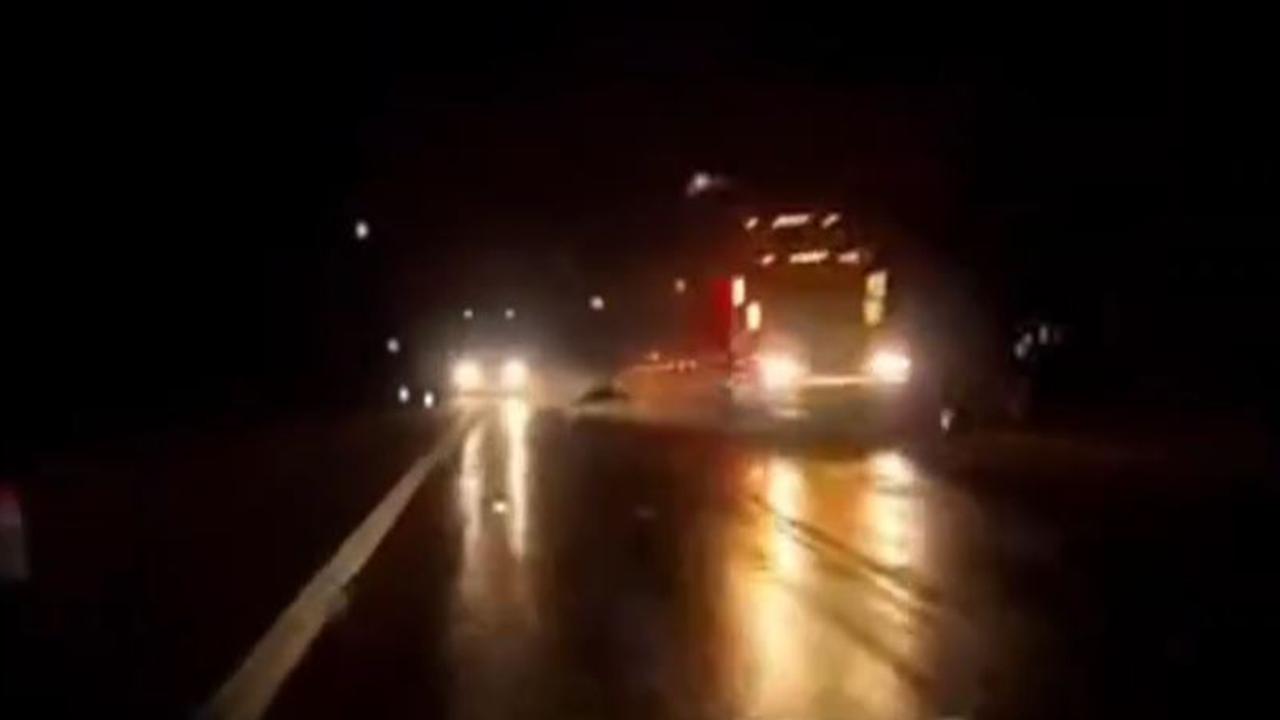 Shocking near-miss with two trucks caught on dashcam