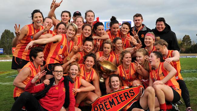 Morphettville Park players celebrate their triumph in this year’s SA Women's Football League grand final. Picture: Greg Higgs