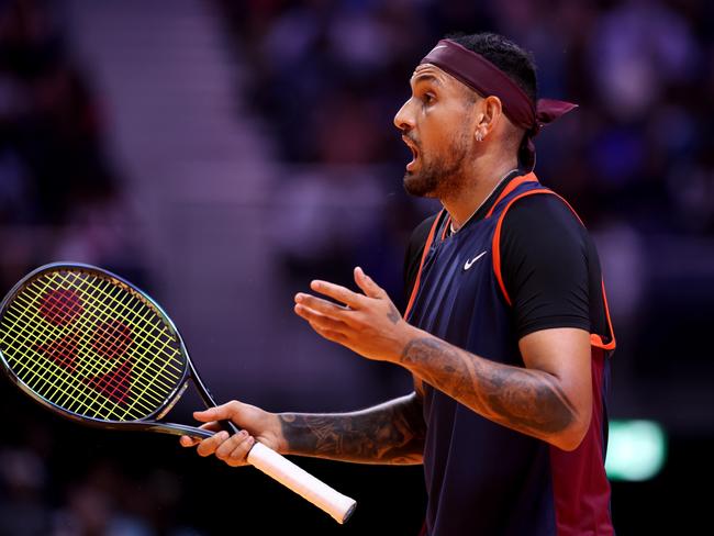 DUBAI, UNITED ARAB EMIRATES - DECEMBER 21: Nick Kyrgios of Eagles reacts in their men's singles match against Grigor Dimitrov of Falcons during day three of the World Tennis League at Coca-Cola Arena on December 21, 2022 in Dubai, United Arab Emirates. (Photo by Francois Nel/Getty Images)