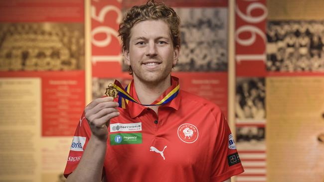 Aaron Young after winning the Magarey Medal. Picture: Roy VanDerVegt