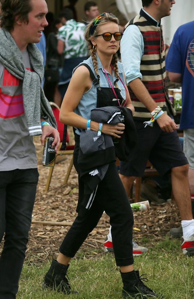 Cressida Bonas walks backstage at the 2015 Glastonbury Music Festival. Picture: AAP