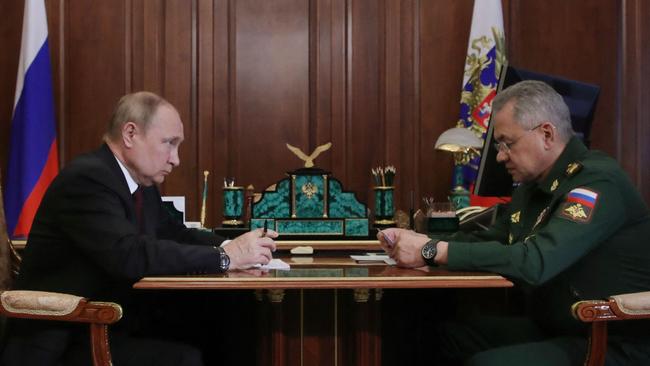 Russian President Vladimir Putin meets with Defence Minister Sergei Shoigu at the Kremlin in Moscow on July 4, 2022. Picture: Mikhail Klimentyev / AFP