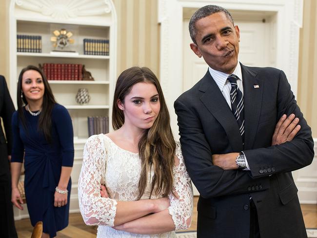 Nov. 15, 2012: “The President had just met with the U.S. Olympics gymnastics team, who because of a previous commitment had missed the ceremony earlier in the year with the entire U.S. Olympic team. The President suggested to McKayla Maroney that they recreate her ‘not impressed’ photograph before they departed.” Picture: Official White House Photo by Pete Souza