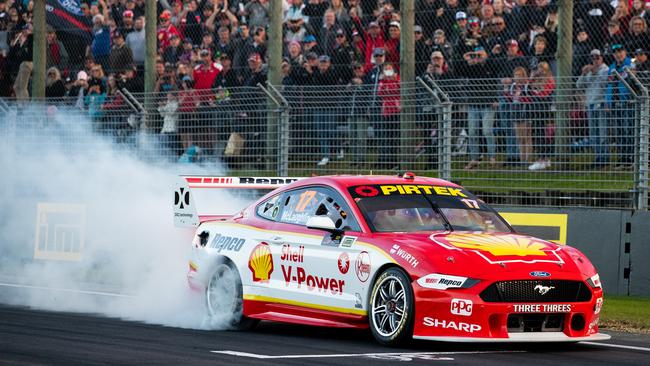 McLaughlin celebrates after winning race 2 at the Auckland SuperSprint.