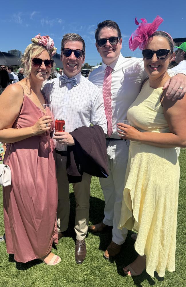 Hope Ahern, Brent Ahern, Brent De Mamiel and Emilea De Mamiel at the Melbourne Cup at Flemington Racecourse on November 5, 2024. Picture: Phillippa Butt