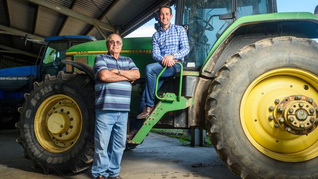 David Crisafulli with his dad Tony on the family property. Picture: Scott Radford Chisholm