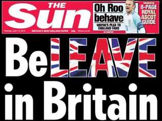 The Sun's front page in support of Britain leaving the European Union.