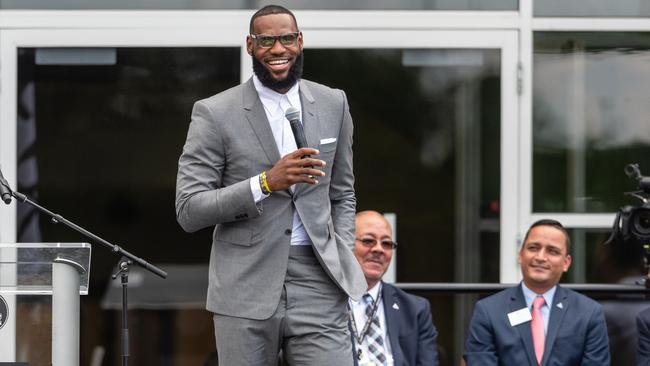 LeBron James addresses the crowd during the opening ceremonies of the I Promise School. (Photo by Jason Miller/Getty Images)