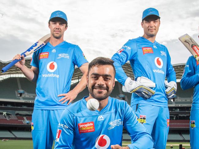 The quartet who play for Strikers and Sussex Travis Head, Rashid Khan, Alex Carey and Phil Salt get ready for the Big Bash semi final. Picture: Brad Fleet