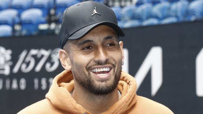 MELBOURNE, AUSTRALIA - JANUARY 12: Nick Kyrgios speaks to the media during a South East Melbourne Phoenix NBL media opportunity at Rod Laver Arena on January 12, 2023 in Melbourne, Australia. (Photo by Darrian Traynor/Getty Images)