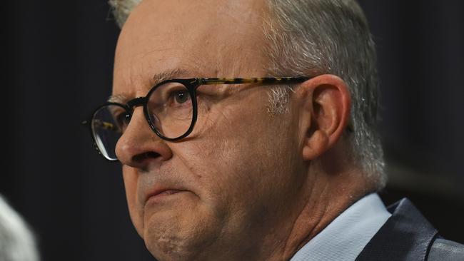 A tearful Prime Minister has appealed in a choking voice for Australians to “own” the change. Picture: NCA NewsWire / Martin Ollman