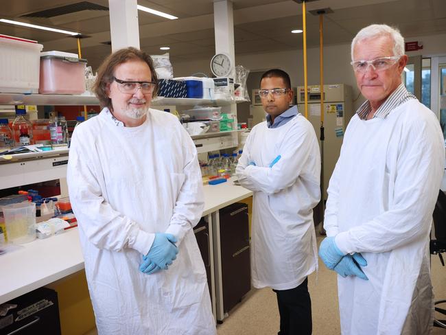 6/12/24: Patient - Mr Aaran Creece,Cardiologist - Associate Professor Sean Lal MBBS PhD FRACP and Heart Surgeon - Professor Paul Bannon MBBS PhD FRACS in a laboratory at the Charles Perkins Centre. Clinicians and researchers at the Baird Institute are developing a new therapy for stiff heart failure, which affects millions of Australians. John Feder/The Australian.