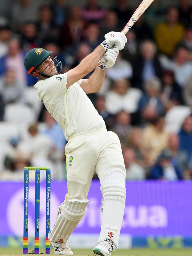 \Mitchell Marsh smashes a six on day one of the Third Ashes Test at Headingley. Picture: Getty Images