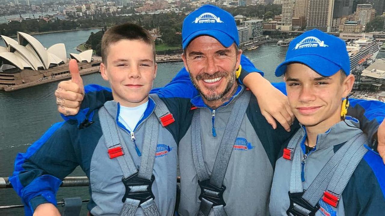 David Beckham and sons Cruz and Romeo climb the Sydney Harbour Bridge. Picture: David Beckham/Instagram