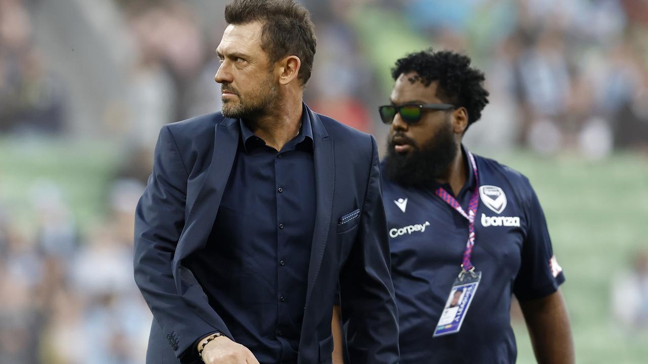 Melbourne Victory coach Tony Popovic on the pitch after the situation had gone pear-shaped. Picture: Darrian Traynor/Getty Images