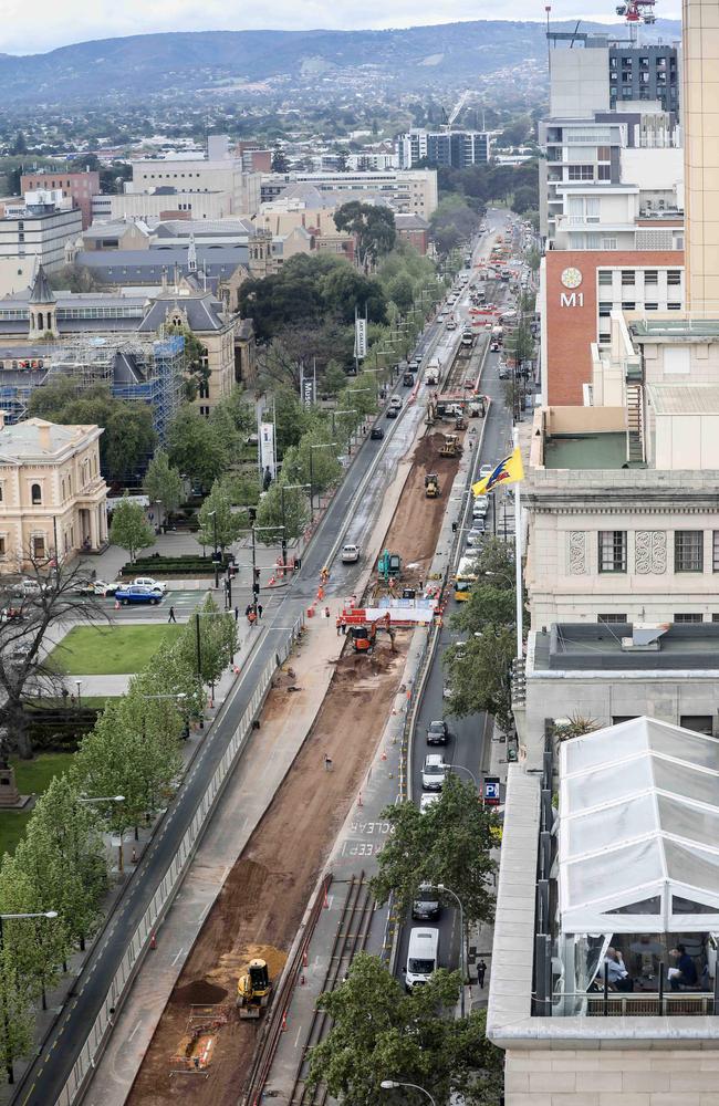 An aerial view of North Terrace roadworks for the extended tram line. AAP/RUSSELL MILLARD