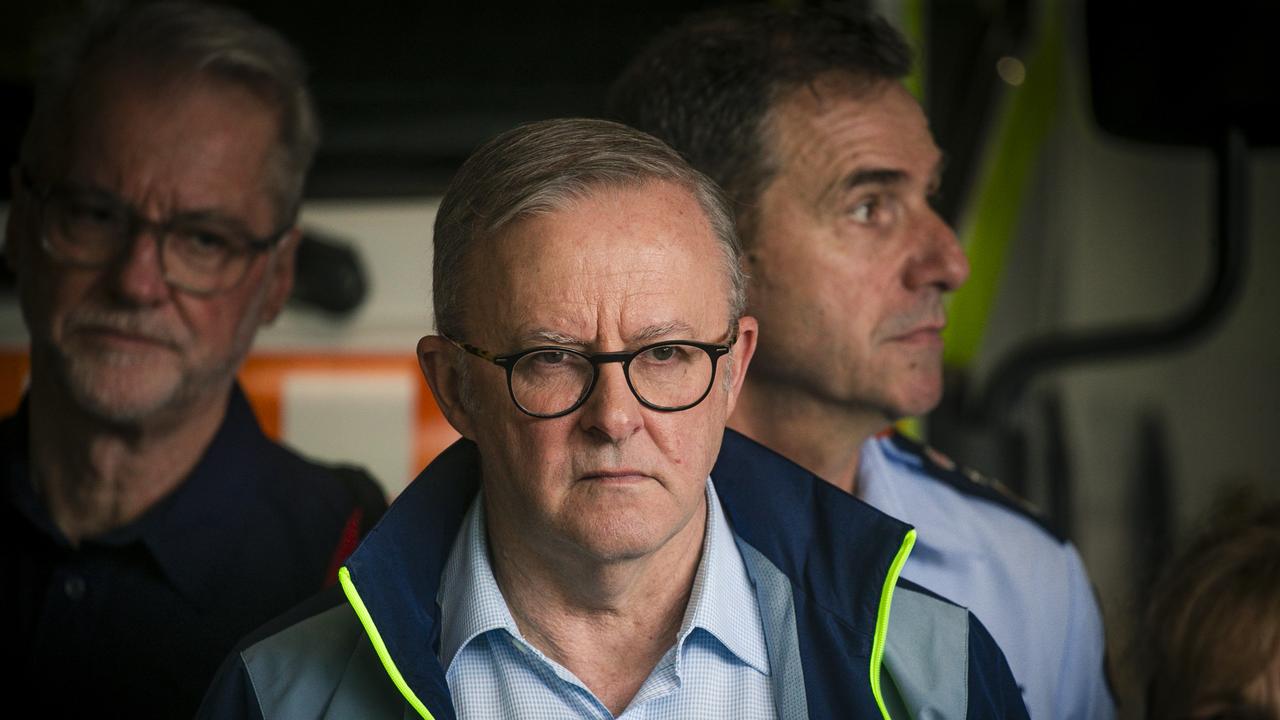 Prime Minister Anthony Albanese in Lismore as ex-TC Alfred wreaked havoc in Northern NSW. Picture: NewsWire / Glenn Campbell