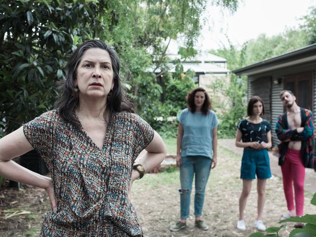 Pamela Rabe is matriarch of a family including Kate Box, Brendan Maclean and Tilda Cobham-Hervey in a scene from ABC TV comedy series F***ing Adelaide. Picture: Supplied