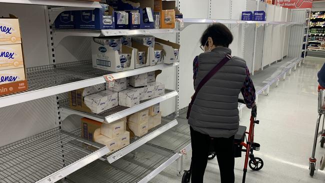 Empty shelves due to the coronavirus, at Woolworths, corner of Park st and George st in Sydney. Pic John Grainger